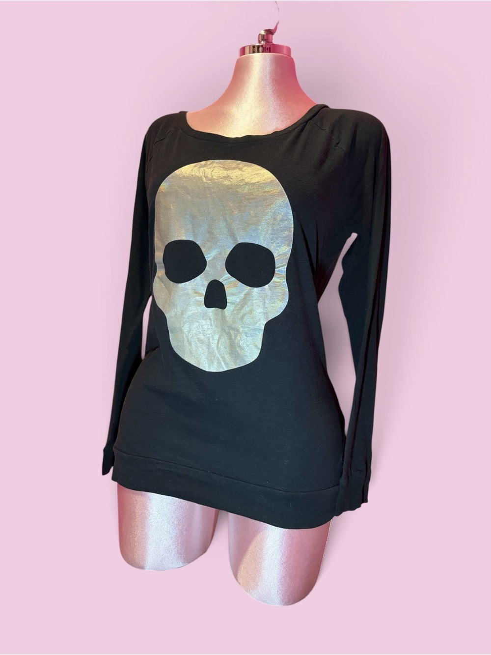PINK Victoria's Secret Black Long-Sleeve Top with Iridescent Skull